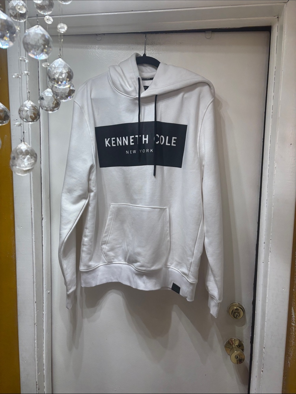Kenneth Cole White Pullover Hoodie with Black Logo Panel